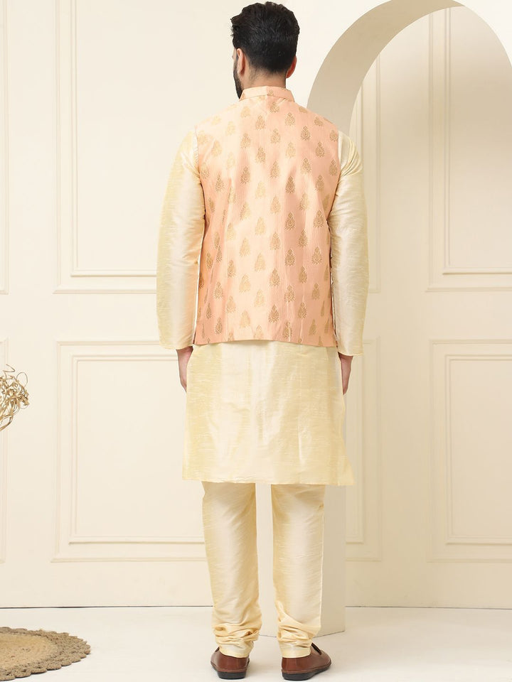 SOJANYA Mandarin Collar Silk Cotton Kurta With Churidar & Woven Design Nehru Jacket