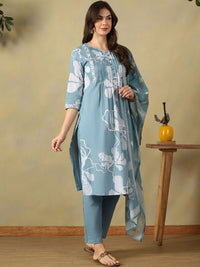 Mamicha Women Floral Printed Pleated Thread Work Pure Cotton Kurta with Trousers & With Dupatta