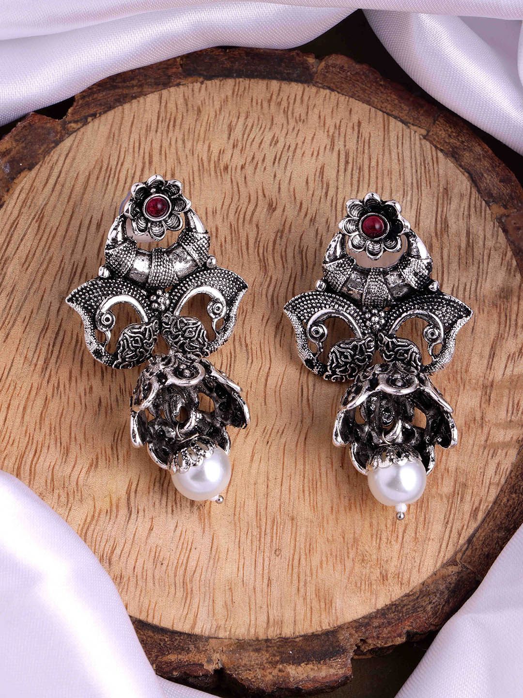 PANASH Silver Plated Cubic Zirconia Studted Peacock Shaped Drop Earrings