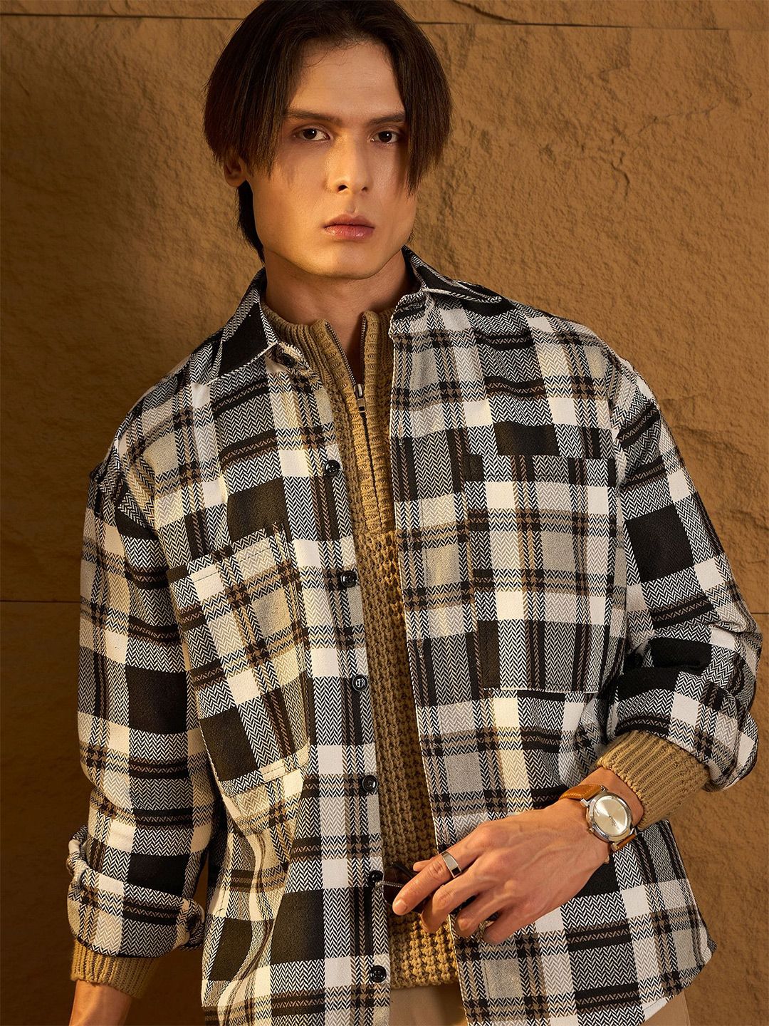 DENNISON Men Double Pocket Drop Shoulder Oversized Cotton Checked Shacket