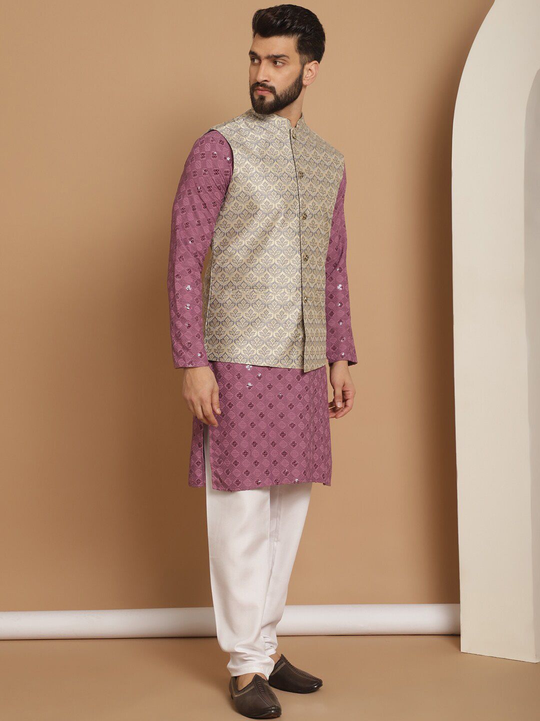 Anouk Sequinned Mandarin Collar Regular Kurta & Churidar With Nehru Jacket