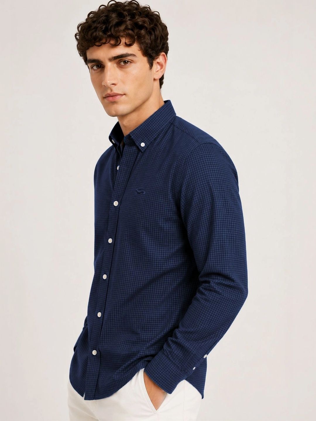 ADRO Men Navy Blue Mini Checked Regular Fit Casual Cotton Shirt
