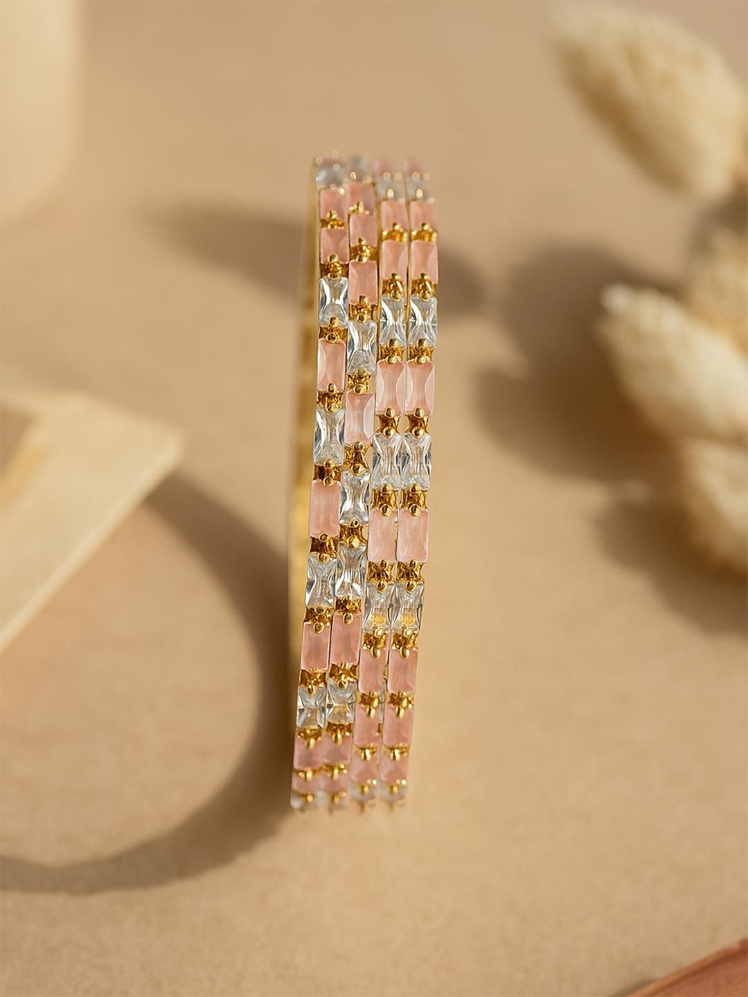 KARATCART Set Of 4 Gold-Plated American Diamond Studded Bangles