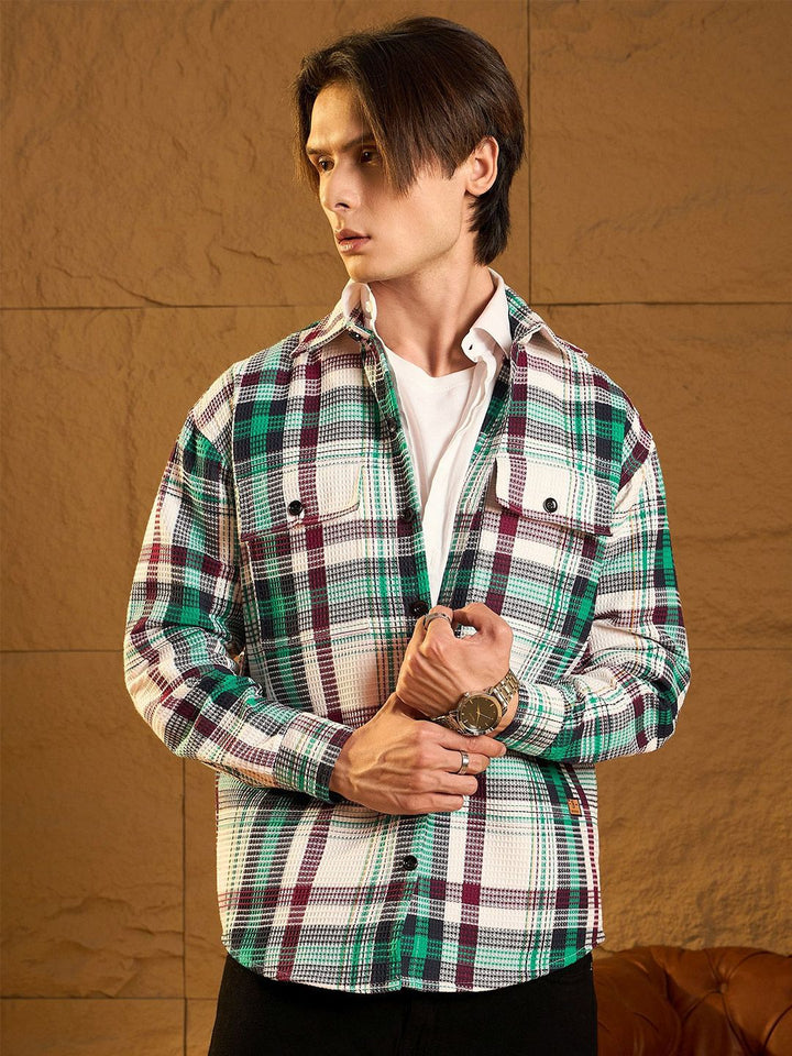 DENNISON Men Double Pocket Drop Shoulder Oversized Cotton Checked Shacket