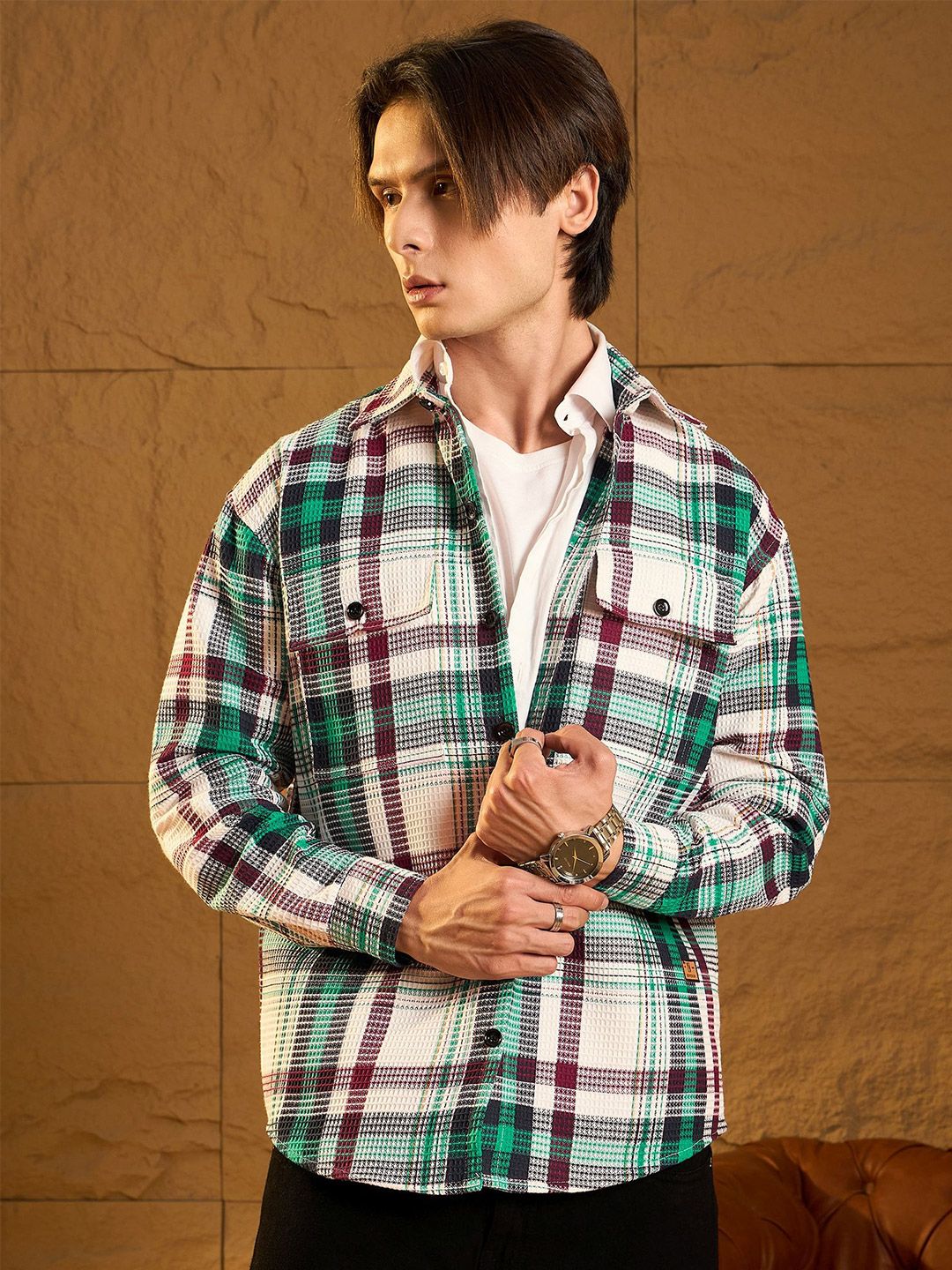 DENNISON Men Double Pocket Drop Shoulder Oversized Cotton Checked Shacket