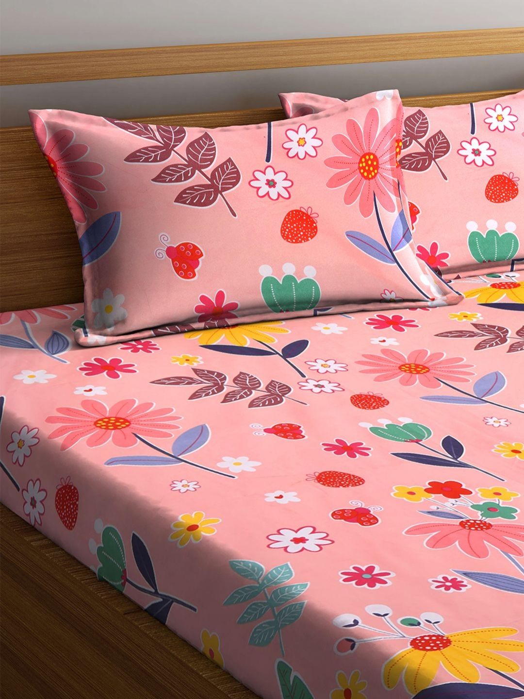 Myntra Elegant Homes Pink Floral Cotton 300 TC Fitted King Bedsheet with 2 Pillow Covers-98 x 87 inches