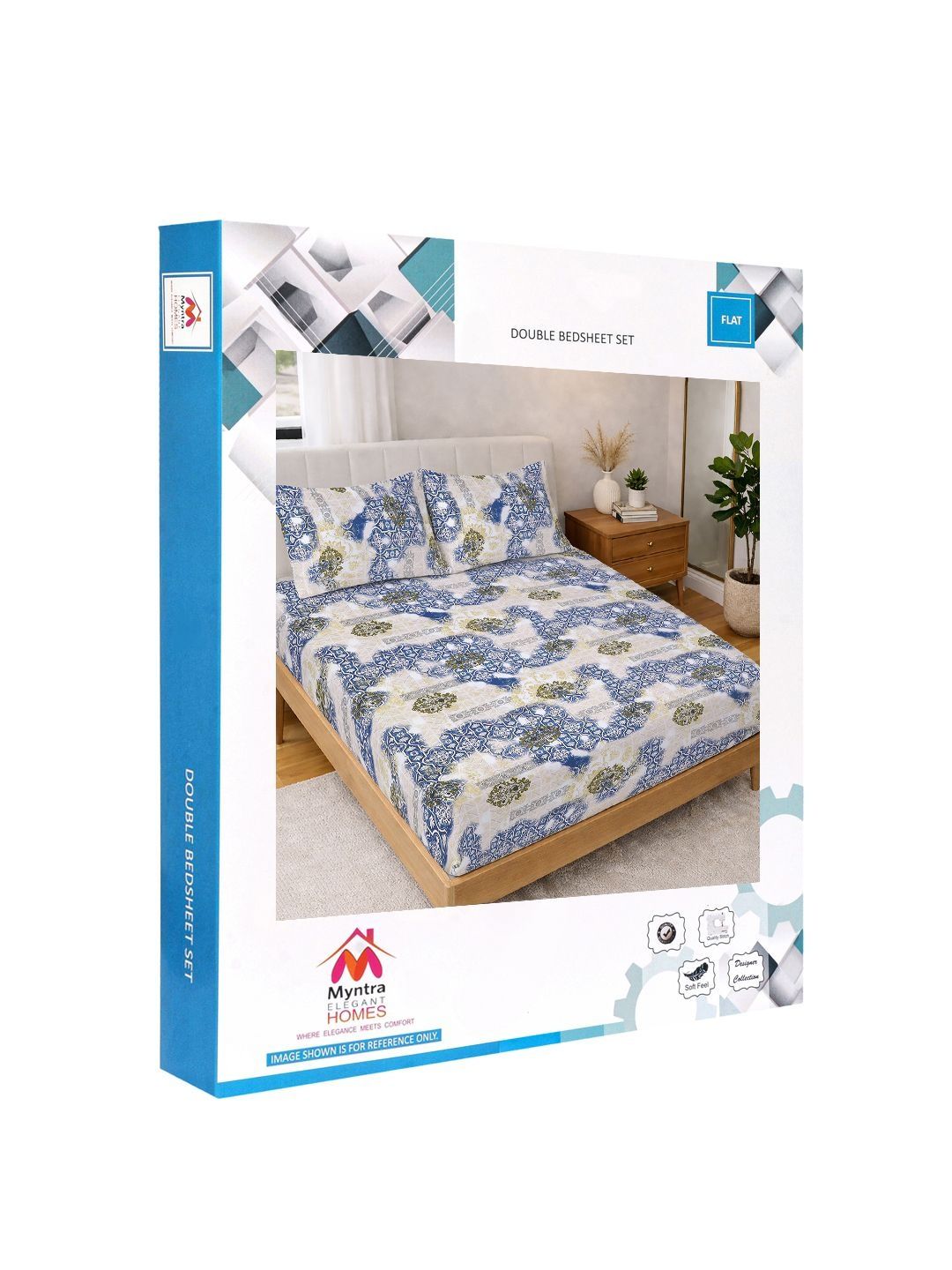 Myntra Elegant Homes Motif Etnik Biru 300TC Cadar Super King Double & 2 Sarung Bantal