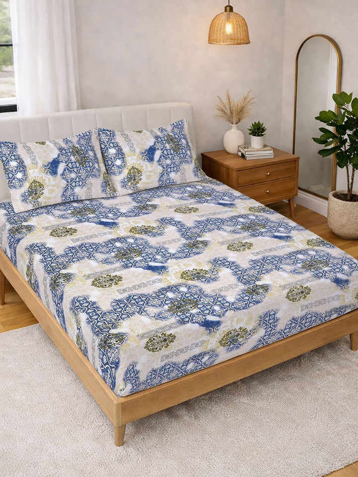 Myntra Elegant Homes Motif Etnik Biru 300TC Cadar Super King Double & 2 Sarung Bantal