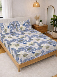 Myntra Elegant Homes Motif Etnik Biru 300TC Cadar Super King Double & 2 Sarung Bantal