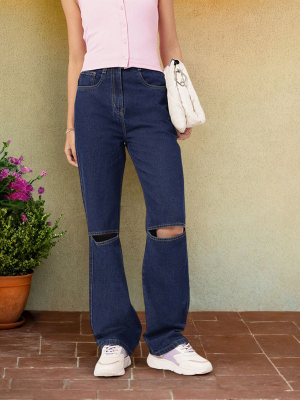 DressBerry Women Slash-Knee Flair Straight Fit Pure Cotton Jeans