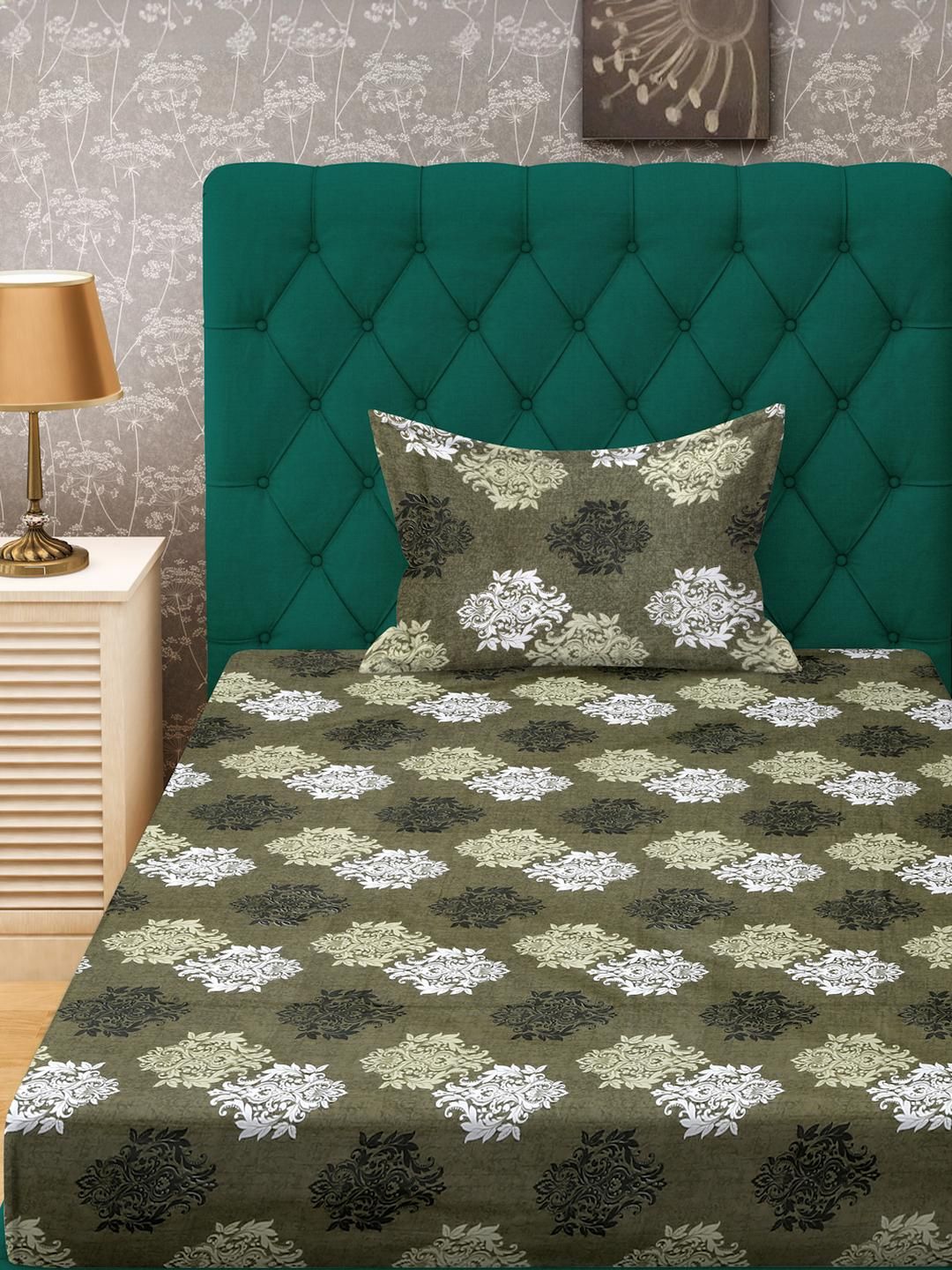 KLOTTHE Olive Floral Cotton Single Bedsheets