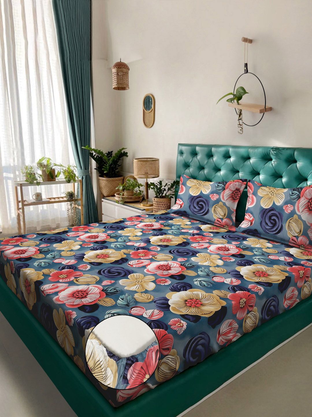 KLOTTHE Blue & Pink Floral 300-Thread Count 7D-King Size Bedsheet With 2-Pillow Covers