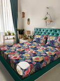 KLOTTHE Blue & Pink Floral 300-Thread Count 7D-King Size Bedsheet With 2-Pillow Covers