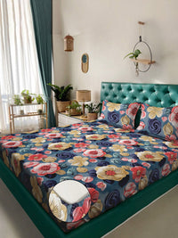KLOTTHE Blue & Pink Floral 300-Thread Count 7D-King Size Bedsheet With 2-Pillow Covers