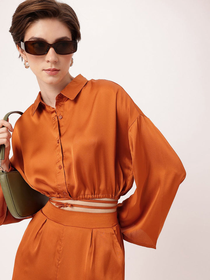 DressBerry Sashay In Satin Modern Glamour Midriff Peek Tie-Up Blouson Shirt Style Crop Top