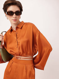 DressBerry Sashay In Satin Modern Glamour Midriff Peek Tie-Up Blouson Shirt Style Crop Top