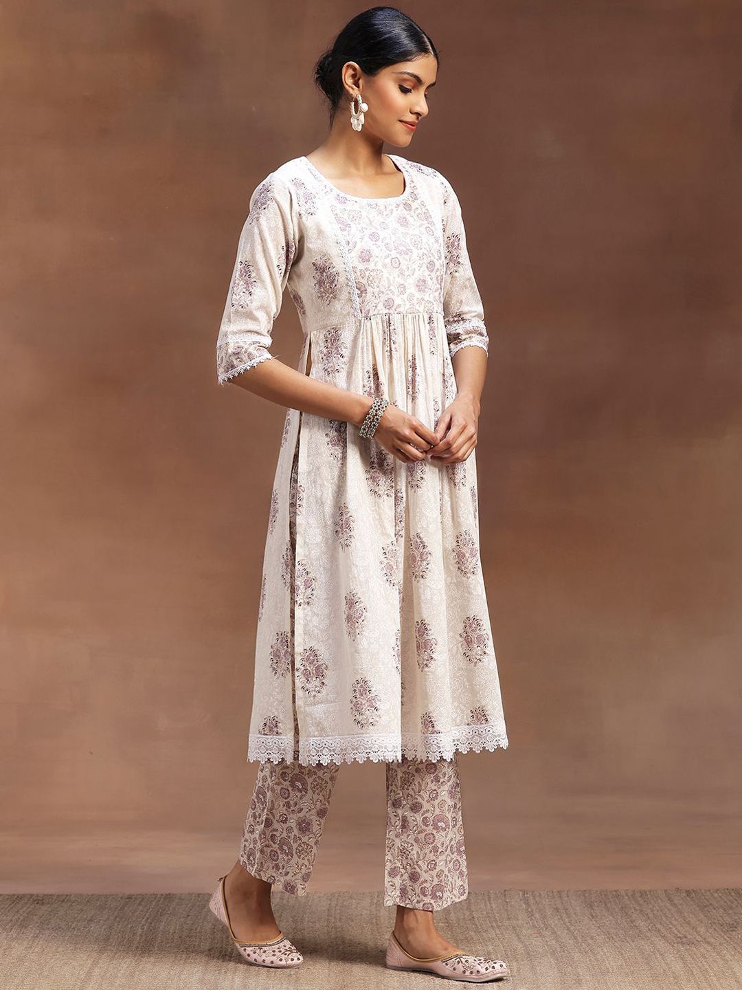 Libas Floral Printed Pleated Pure Cotton Kurta with Trousers & Dupatta