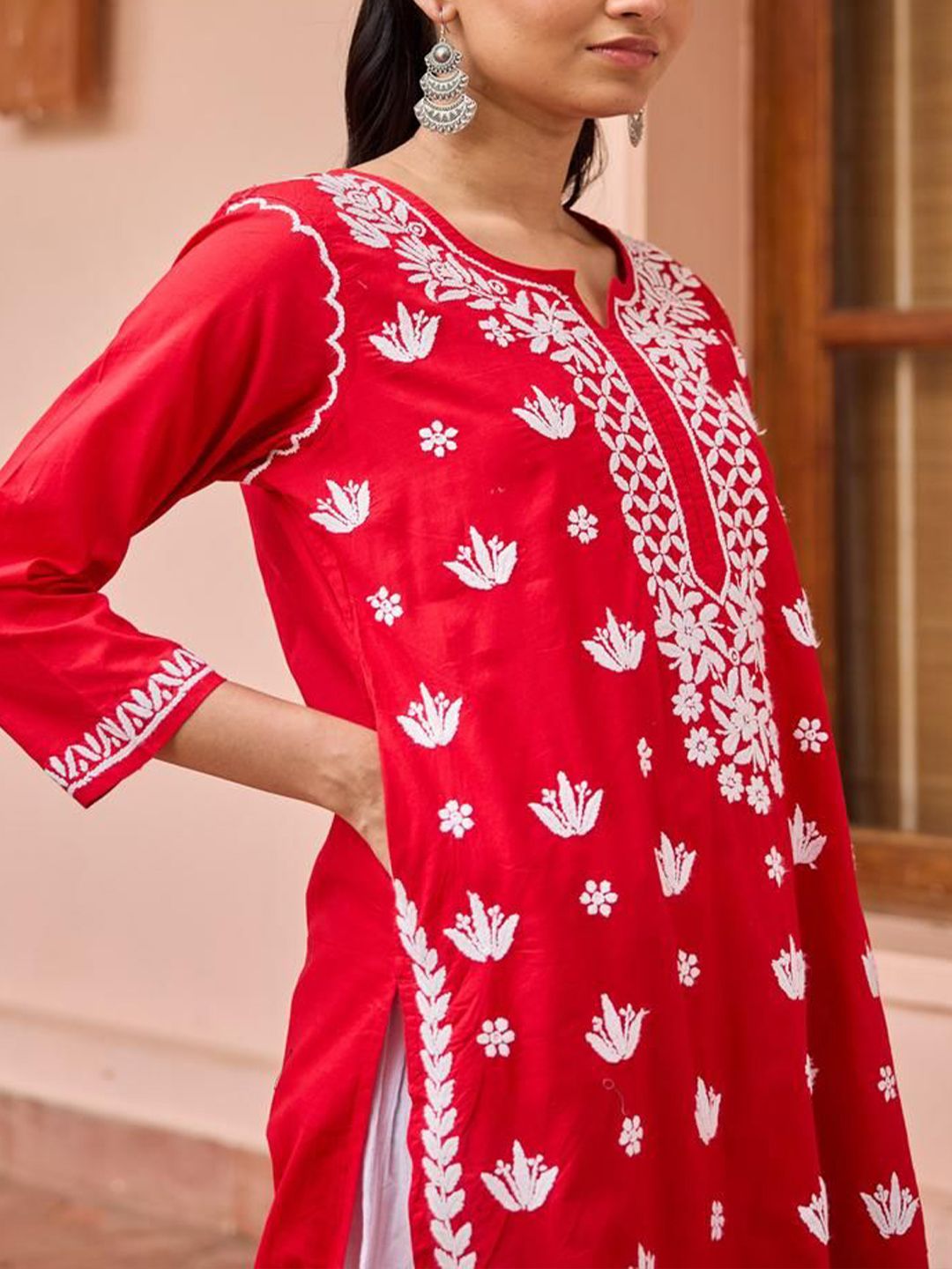 Rumah Chikankari Wanita Red Cotton Chikankari Sulam Kurta
