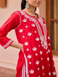 Rumah Chikankari Wanita Red Cotton Chikankari Sulam Kurta