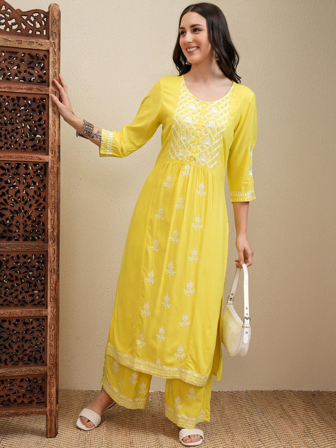 Vishudh Yellow Floral Embroidered Round Neck Thread Work Straight Kurta With Palazzos