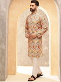 SOJANYA Motif Etnik Bercetak Kolar Jalur Kalamkari Cotton Linen Kurta Lurus