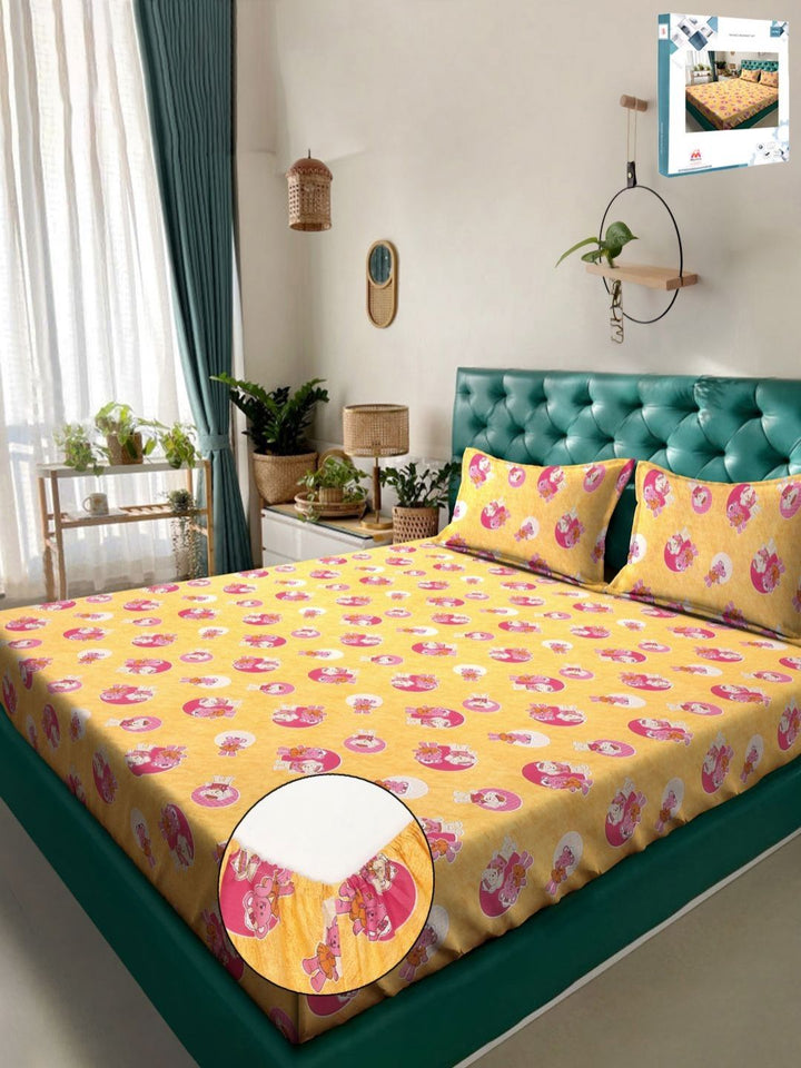 Myntra Elegant Homes Yellow Conversational Pure Cotton 400 TC Dilengkapi Cadar King Halus dengan 2 Sarung Bantal-98 x 89 inci