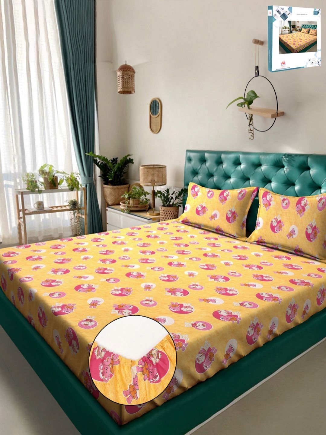 Myntra Elegant Homes Yellow Conversational Pure Cotton 400 TC Dilengkapi Cadar King Halus dengan 2 Sarung Bantal-98 x 89 inci