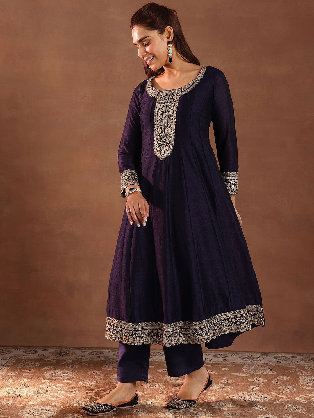Libas Womens Purple Embroidered Anarkali Kurta With Trousers & Dupatta