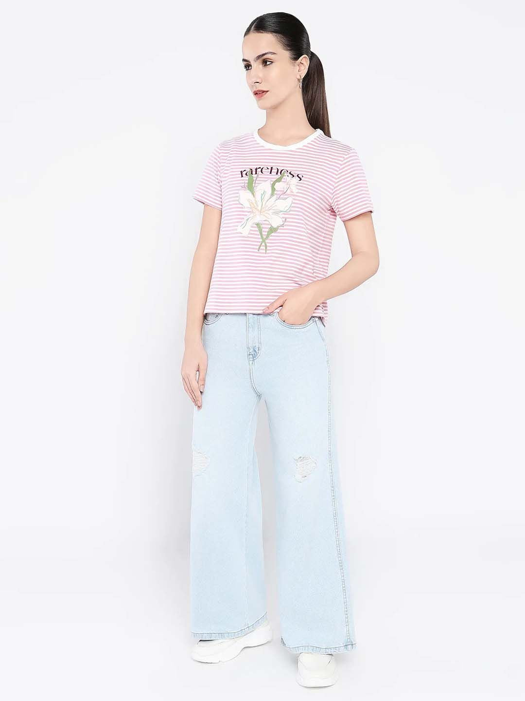 Rareism Wanita Grafik T-Shirt Leher Pusingan Dicetak