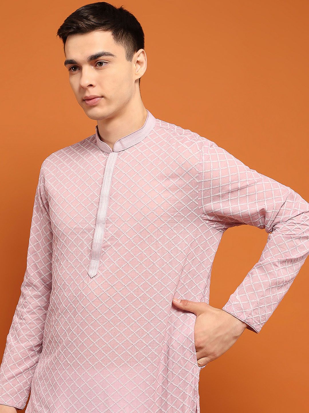 Kurta Sulam Katun Lavender Rumah Chikankari Lelaki