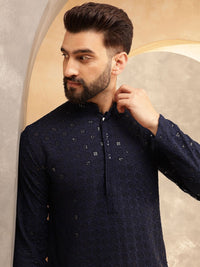 Anouk Navy Blue Geometric Embroidered Sequinned Pure Cotton Straight Kurta With Pyjamas