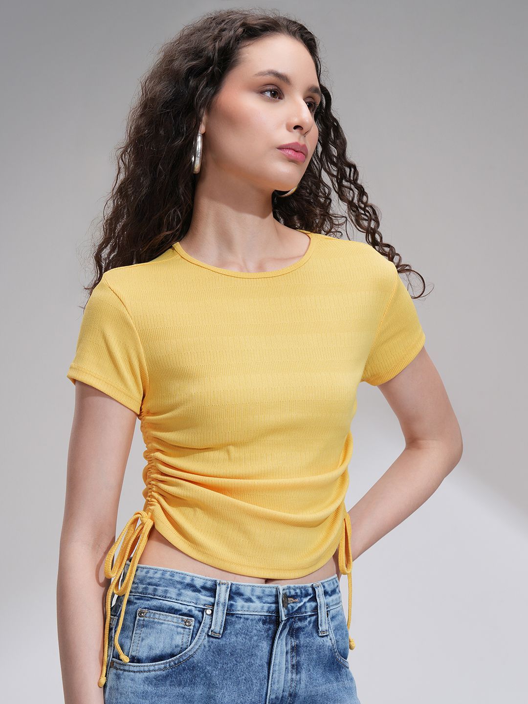 Tokyo Talkies Women Solid Round Neck Tie Up Rib Top