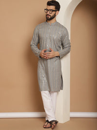 Anouk Grey Leheriya Embroidered Mandarin Collar Pure Cotton Straight Kurta With Churidar