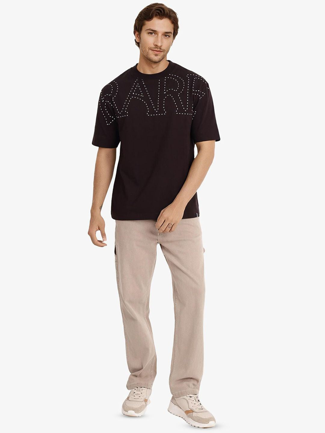 RARE RABBIT Men Typography Printed Round Neck Cotton Oversized T-shirt