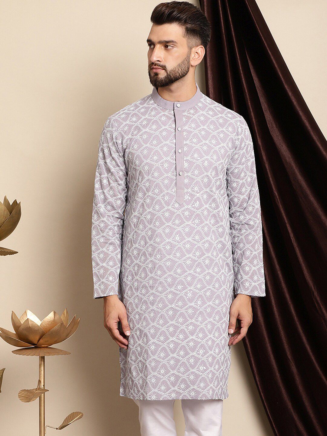Anouk Ethnic Motifs Embroidered Band Collar Cotton Regular Kurta