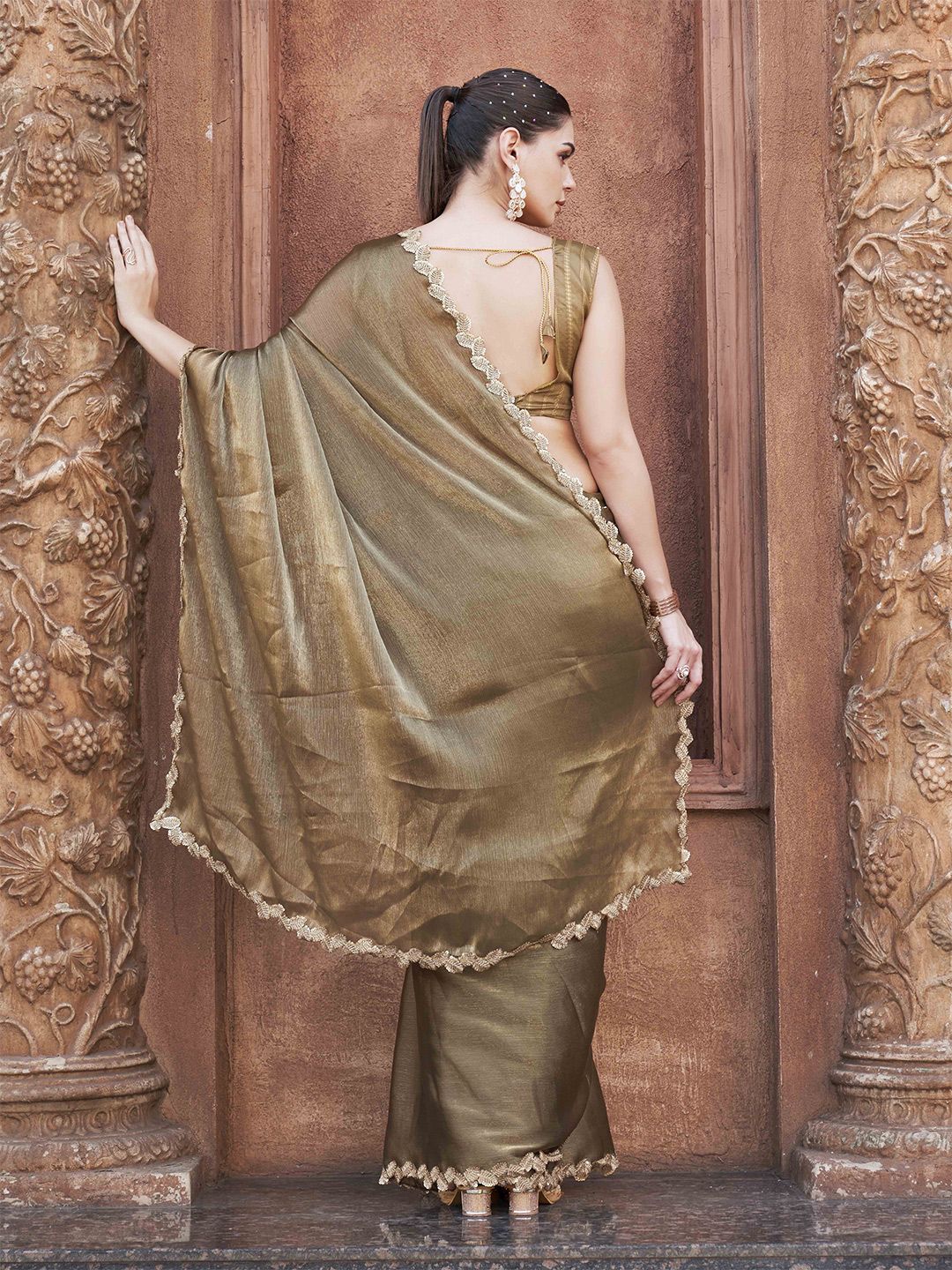 Tikhi Imli Solid With Embroidered Border Polyester Saree