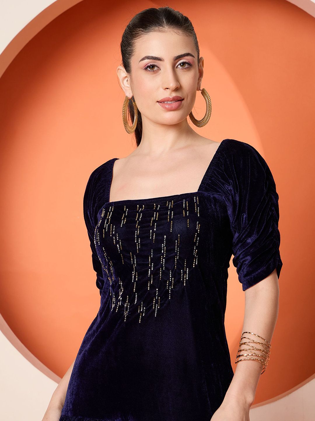 Antheaa Women Puff Sleeves Velvet Embellished A-Line Dress