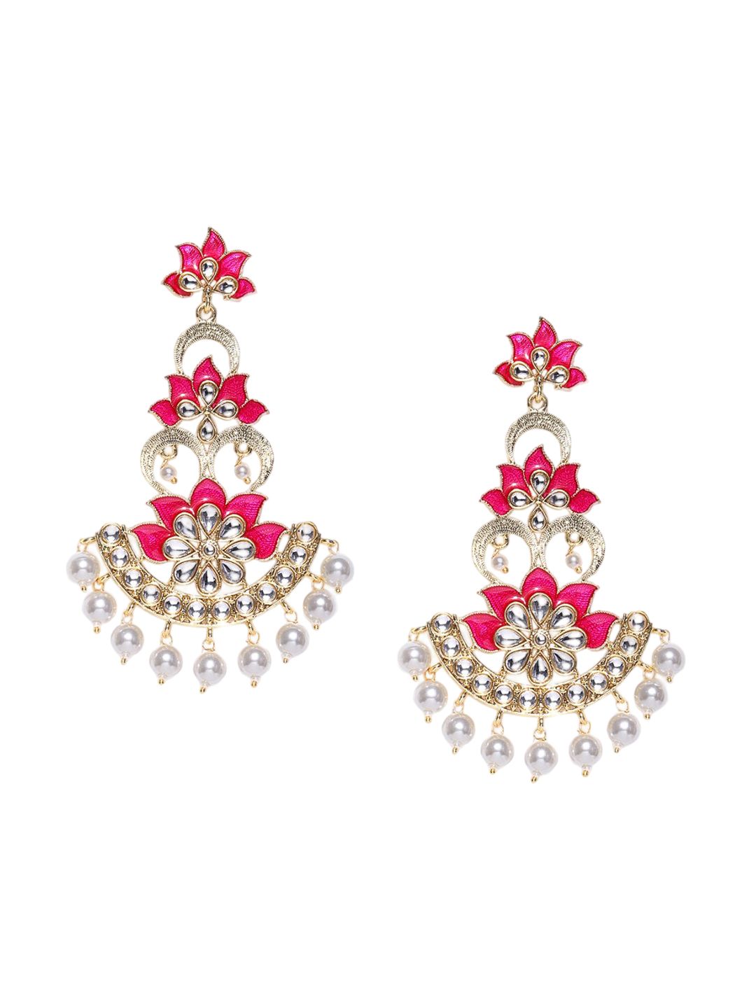 Anouk Pink & Off-White Gold-Plated Stone Studded & Beaded Floral Drop Earrings