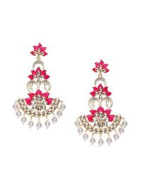 Anouk Pink & Off-White Gold-Plated Stone Studded & Beaded Floral Drop Earrings