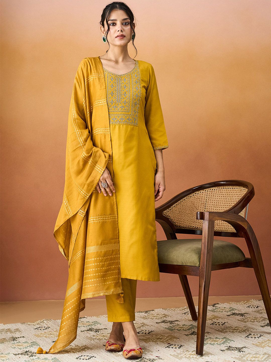 KALINI Ethnic Motifs Yoke Design Thread Work Straight Kurta With Trousers & Dupatta