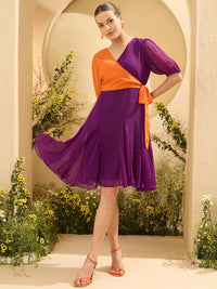 Antheaa Women Colourblocked Layered Chiffon Wrap Dress