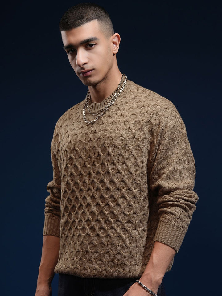 HIGHLANDER Men Self Design Round Neck Drop Shoulder Oversized Sweater