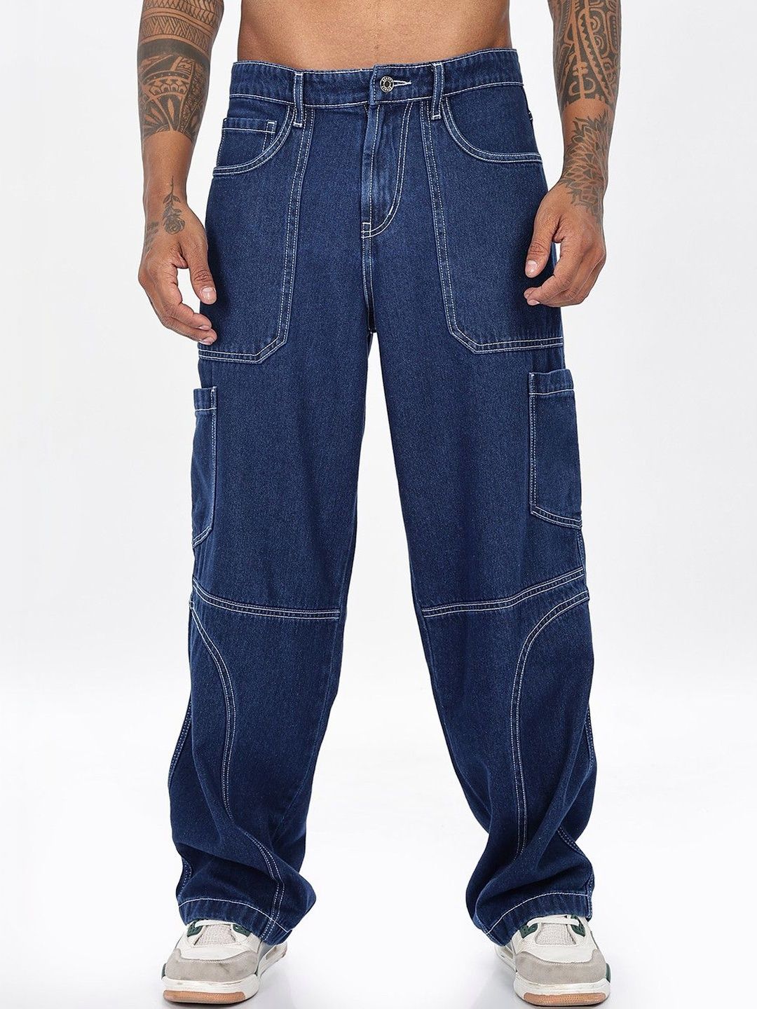 Eszett Men Blue Baggy Fit Mid-Rise Cargo Styles Jeans