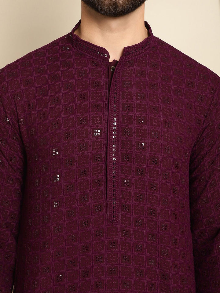 Anouk Burgundy Ethnic Motifs Embroidered Pure Cotton Sequined Straight Kurta