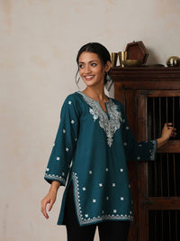 House of Chikankari Women Teal Woollen Aari Embroidered Kurti