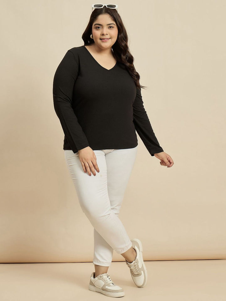 Curvy Street Women Solid V-Neck Cotton Plus T-Shirt