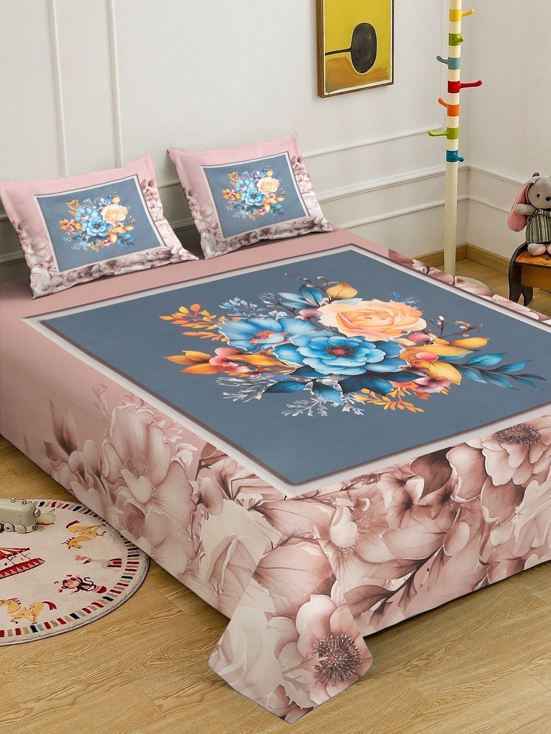 KLOTTHE Brown & Blue Printed 400 TC Double Bedsheet With 2 Pillow Covers-98.4 x 88.5 Inch