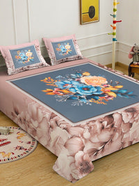 KLOTTHE Brown & Blue Printed 400 TC Double Bedsheet With 2 Pillow Covers-98.4 x 88.5 Inch