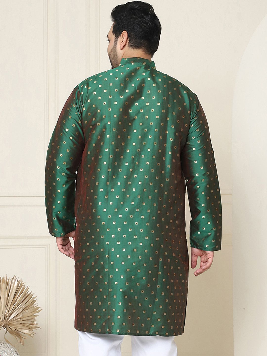 SOJANYA Plus Geometric Woven Design Mandarin Collar Long Sleeve Cotton Silk Straight Kurta