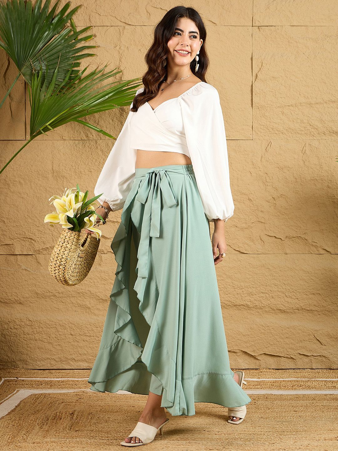Berrylush Women Ruffled Flared Maxi Skirt With Attached Trousers